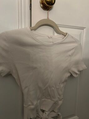 Garage White Ribbed Short Sleeve Top with Front Tie